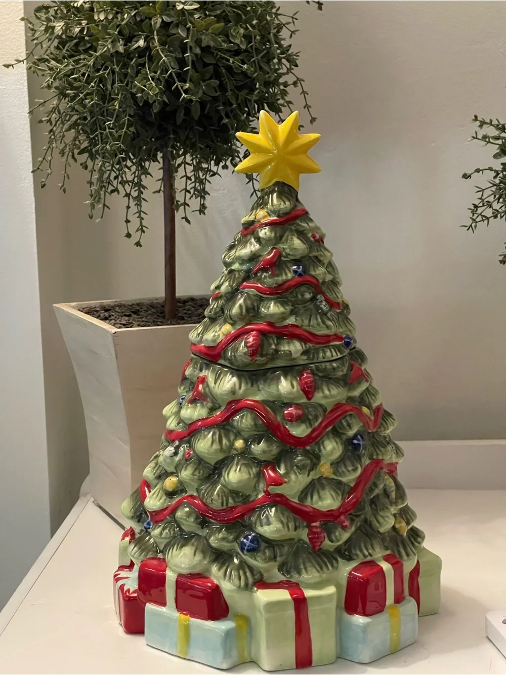 Decorative Ceramic Christmas Tree with Yellow Star - Green/Red Holiday Accent